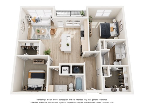 Floor plan for 2 beds, 2 baths, 1128 sqft